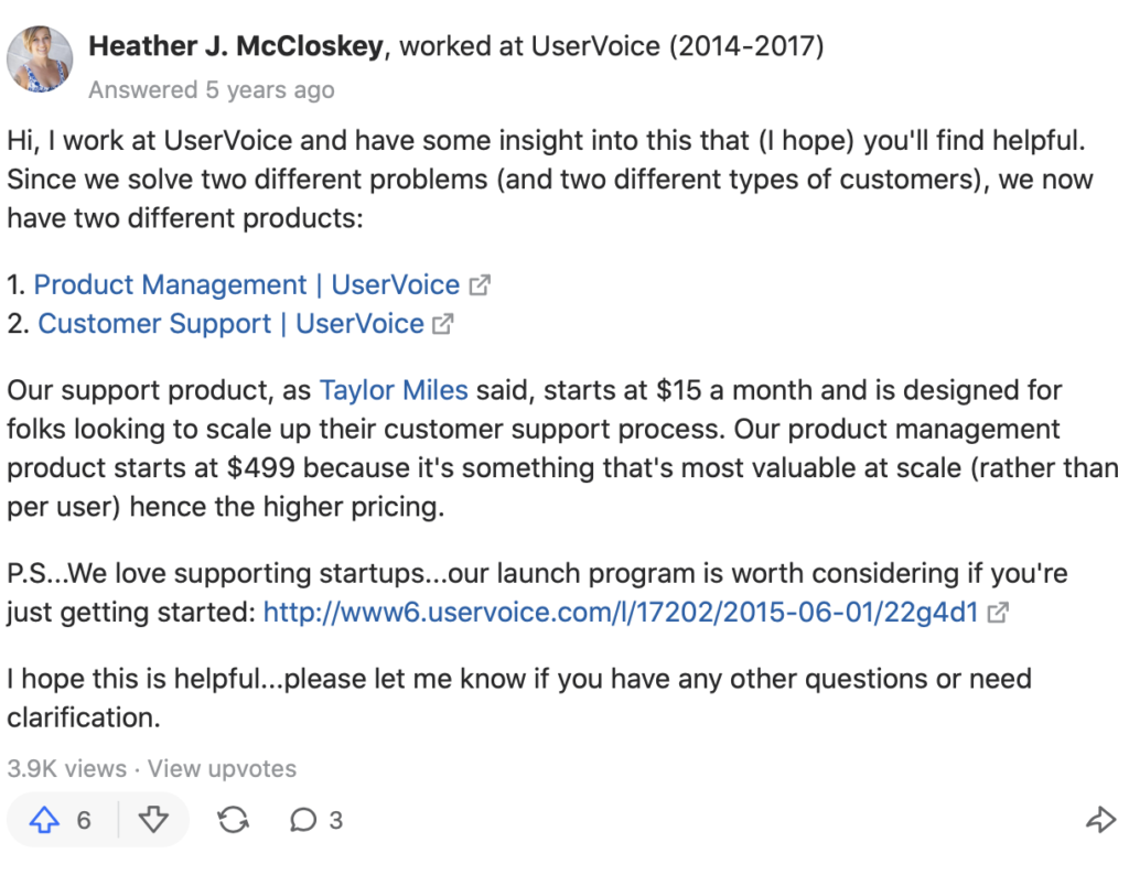 uservoice pricing explanation from the former employee