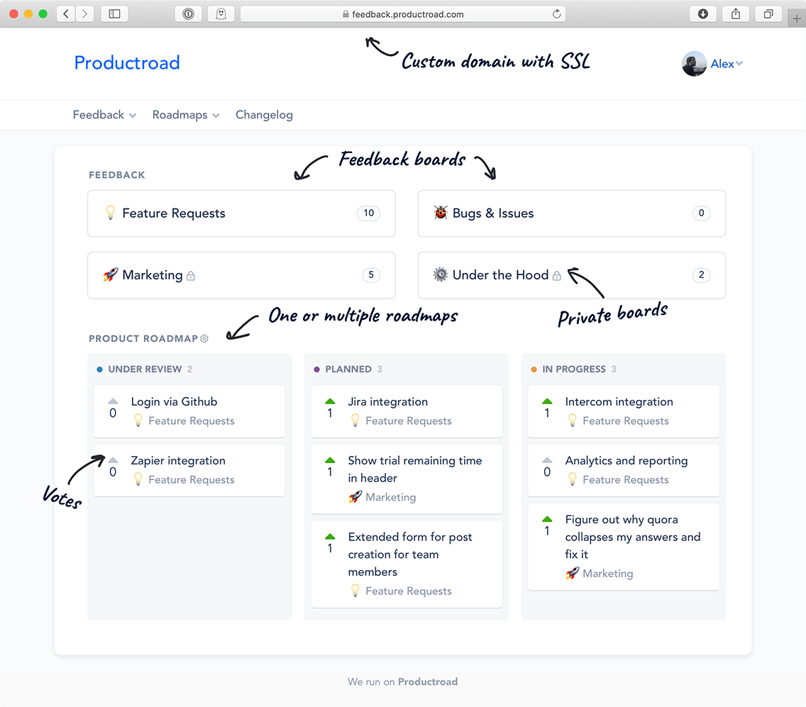 Branded online customer community with feedback boards and a product roadmap